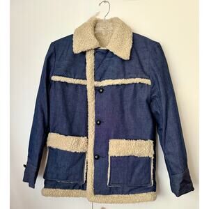 Vintage 70’s Men's Deadstock Denim Sherpa Lined Overcoat Medium Winter Jacket